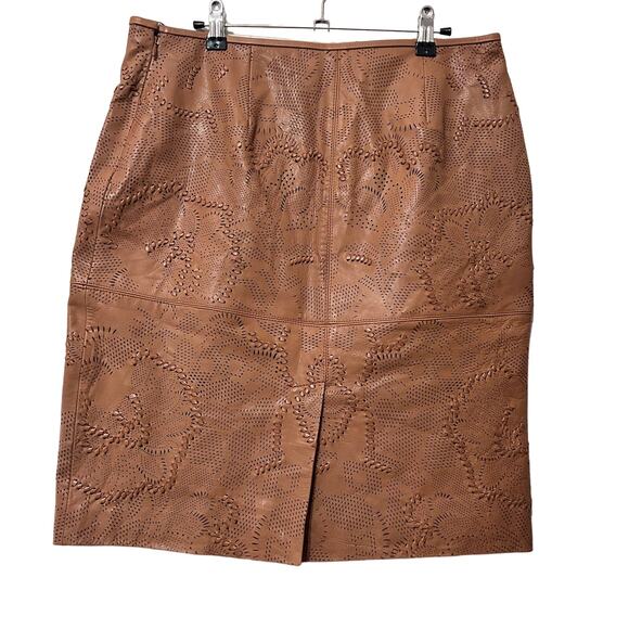 NEW Lauren Ralph Lauren Black Label Tooled Leather Pencil Skirt Sz 10 Brown Luxe - Picture 6 of 13